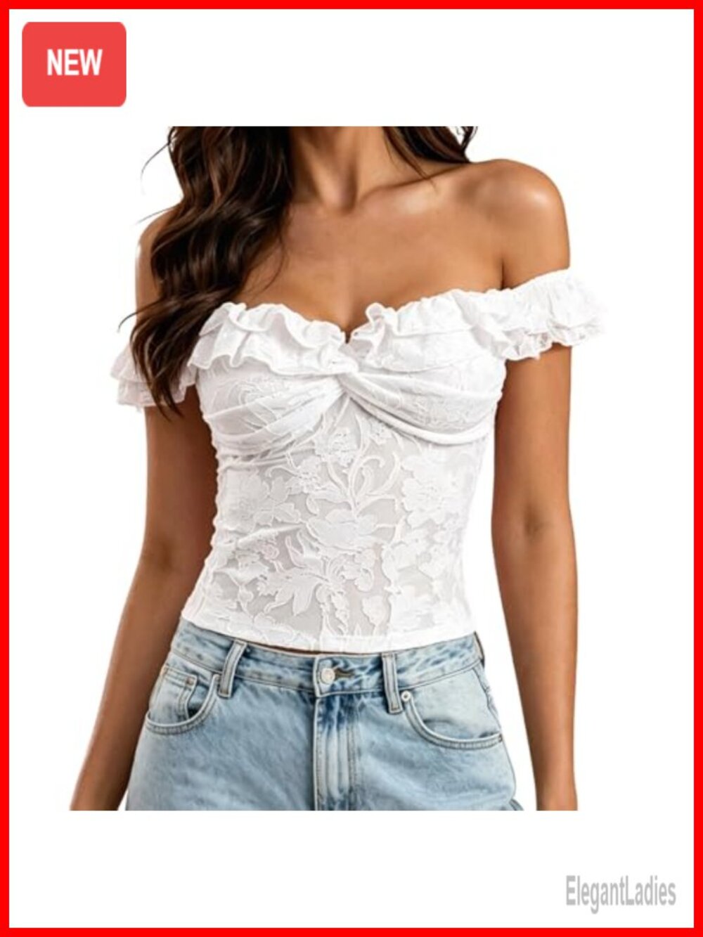 Women's Y2K Mesh Off Shoulder Lace Crop Top Ruffle Trim Twist Front Club Blouse